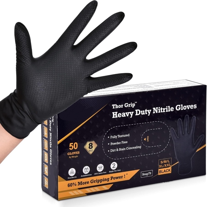 Nitrile Mechanic Glove - ヘビーデューティブラックニトリル手袋 10/30/50 個 8mil 使い捨て工業用手袋 メカニック用自動車タトゥー用の隆起ダイヤモンドグリップ付き