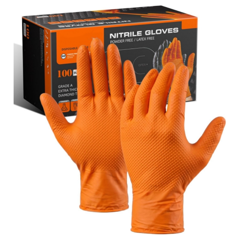 Nitrile Mechanic Glove - ヘビーオレンジ使い捨てニトリル極厚手袋8ミル - パウダーフリー 耐パンク保護 ダイヤモンドテクスチャワークグローブ