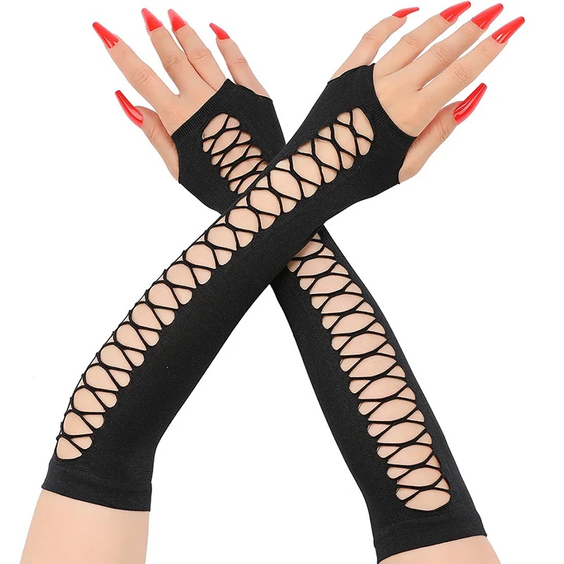 レディース用ロングレースグローブ、指先が開いたメッシュグロー - Fingerless Glove Knit のレビューと価格