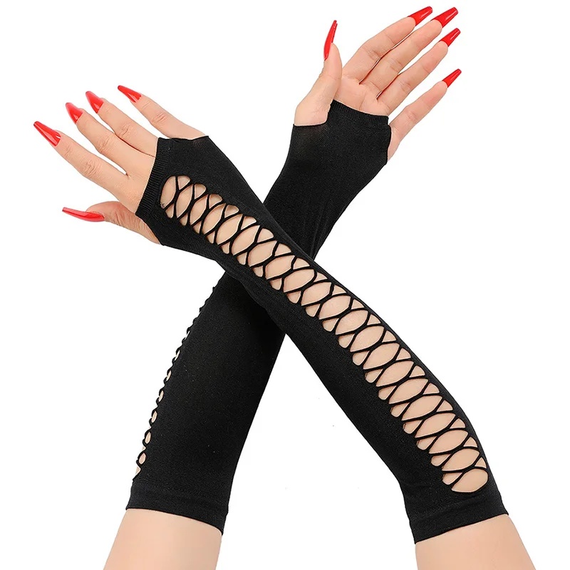 レディース用ロングレースグローブ、指先が開いたメッシュグロー - Fingerless Glove Knit のレビューと価格
